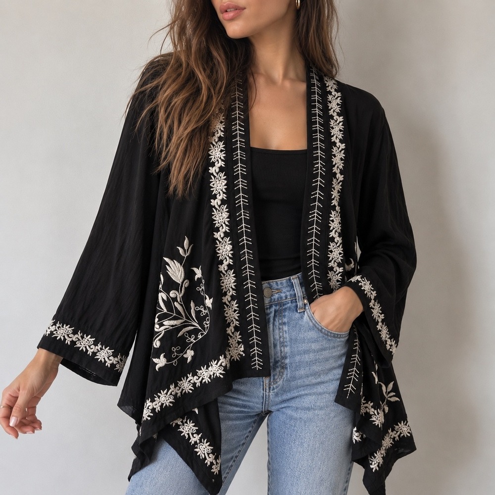 Paparazzi Black Cardigan Embroidered Waterfall Open Front Large Boho Festival